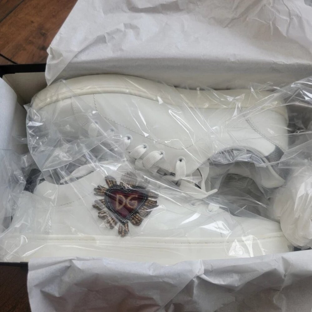 DG WHITE LEATHER LOW TOP SNEAKERS